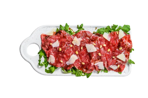 Black Angus Beef Carpaccio Parmesan Cheese Isolated White Background — Stock Photo, Image