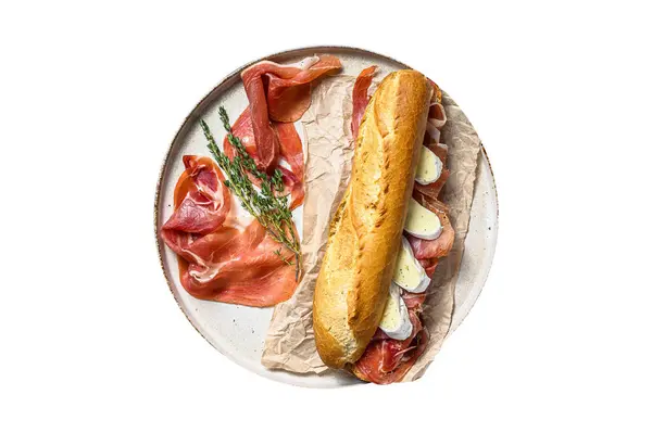 Broodje Stokbrood Met Ham Camembert Kaas Een Bord Geïsoleerd Witte — Stockfoto