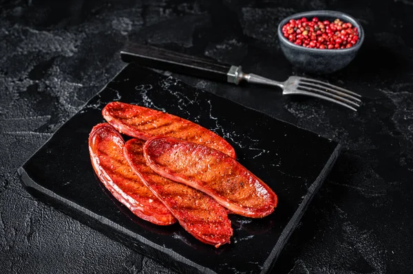Fried Grill Sucuk Beef Meat Sausage Black Background Top View — Fotografia de Stock