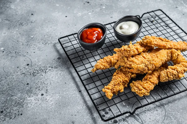 Dip Fried Chicken Steak Fingers Strips Sauces Gray Background Top — Stok fotoğraf