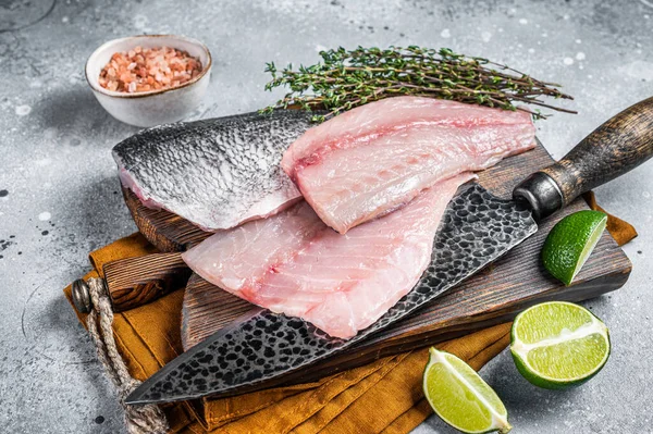 Raw Gilthead Sea Bream Fish Fillets Butcher Cutting Board Gray — Stock Photo, Image