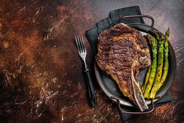 Bbq Grilled Tomahawk Cowboy Bone Beef Steak Roasted Asparagus Wooden — Stock Photo, Image