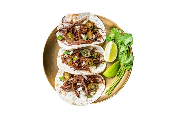 Mexican Beef Barbacoa Tacos Cilantro Onion Isolated White Background — Stock Photo, Image