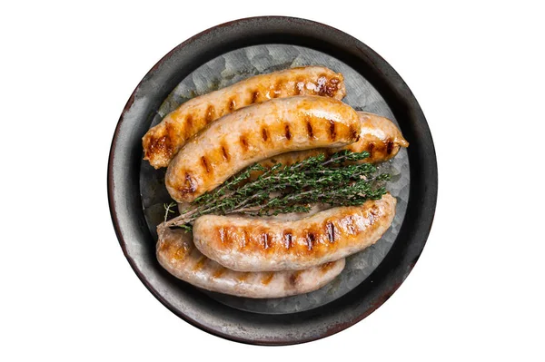 Grill Sült Bratwurst Chorizo Kolbász Fűszerekkel Tálcán Fehér Alapon Elszigetelve — Stock Fotó