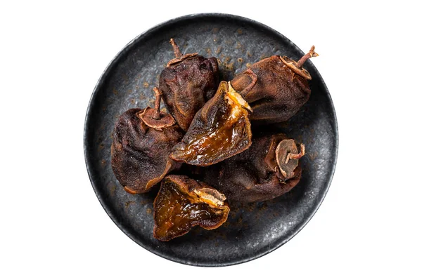 Getrocknete Kaki Früchte Auf Einem Teller Isoliert Auf Weißem Hintergrund — Stockfoto