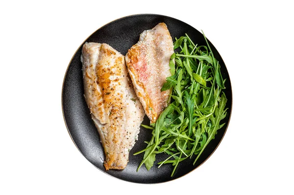 Gebratener Snapper Zanderfilet Auf Einem Teller Mit Salat Dunkler Hintergrund — Stockfoto