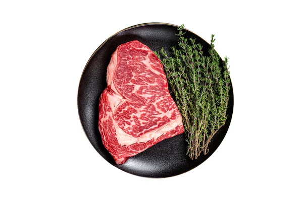 Černý Angus Rib Eye Steak Syrové Mramorované Hovězí Maso Bylinkami — Stock fotografie