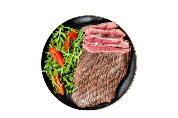 Carne Parrilla Res Flanco Medio Raro Con Ensalada Plato Aislado —  Fotos de Stock