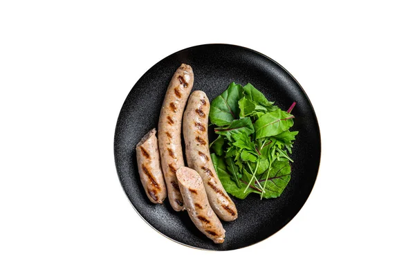 Grill Gegrillte Schweinswürste Serviert Mit Gemüse Isoliert Auf Weißem Hintergrund — Stockfoto