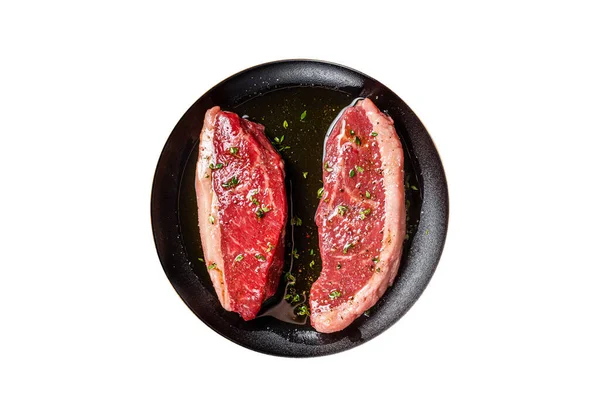 Rauwe Gemarmerde Rundvlees Steak Gemarineerd Met Olijfolie Tijm Zout Peper — Stockfoto