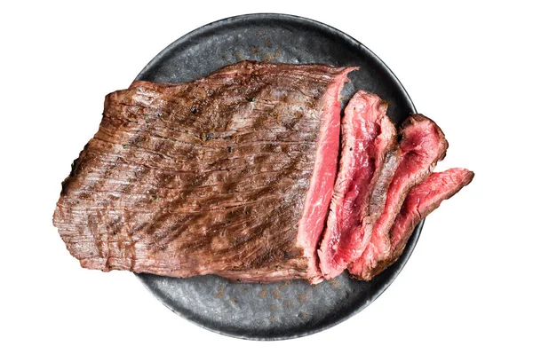 Grillad Flap Eller Flank Steak Skivad Tallrik Isolerad Vit Bakgrund — Stockfoto