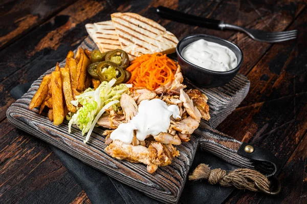 Kebab Shawarma Gyro Grilled Meat French Fries Vegetables Wooden Board — Stock fotografie