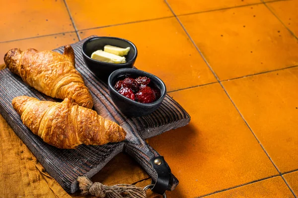 Delicious Breakfast Fresh Croissants Served Butter Jam Orange Background Top — Stock Photo, Image