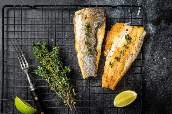 Grilled Sea Bass Fillet Lime Thyme Black Background Top View — Stock Photo, Image