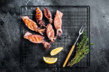 Bbq squid calamary on a rack. Black background. Top view.