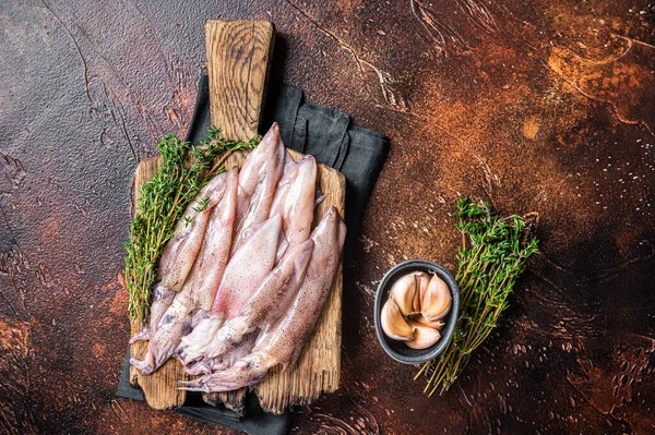Fresh Squid Cutting Board Raw Seafood Dark Background Top View — Stockfoto