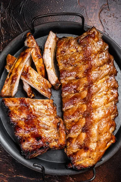 Bbq Pork Spare Ribs Louis Hot Honey Marinade Steel Tray — стоковое фото