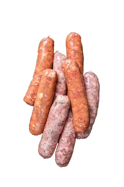 Salsichas Churrasco Cru Chouriço Bratwurst Com Especiarias Alta Qualidade Isolado — Fotografia de Stock
