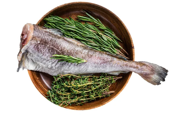 生鳕鱼或鳕鱼用香草放在木制盘子里 高质量的隔离 白色背景 — 图库照片