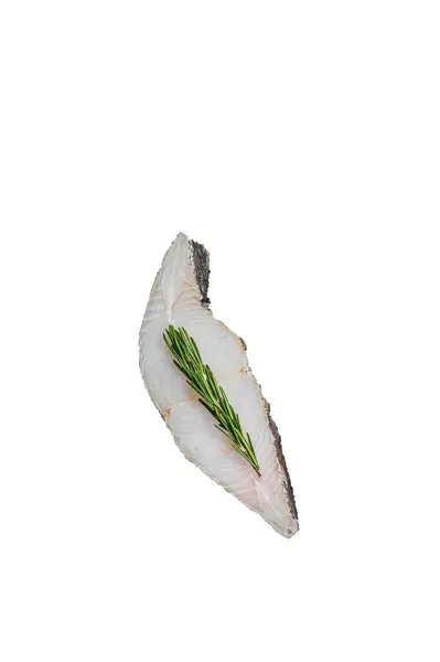 Bistecca Pesce All Ippoglosso Crudo Vassoio Legno Con Erbe Aromatiche — Foto Stock