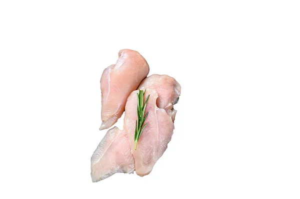 用菜刀在木制切菜板上切碎新鲜鸡胸肉片 高质量的隔离 白色背景 — 图库照片