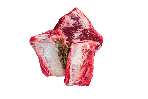Uncooked Raw Veal Short Ribs Rustic Plate Rosemary Dark Background — Fotografia de Stock