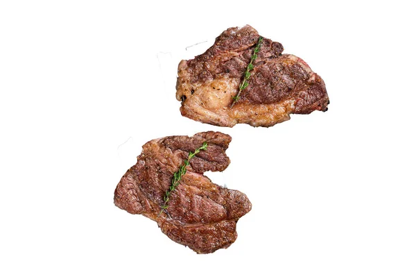 BBQ Grilled Chuck eye Roll beef steaks on grill. High quality Isolate, white background