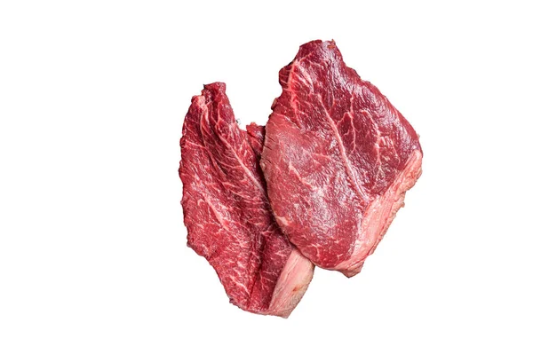 버처는 나이프에 쇠고기 익지않는 스테이크를 선택합니다 고품질 Isolate — 스톡 사진