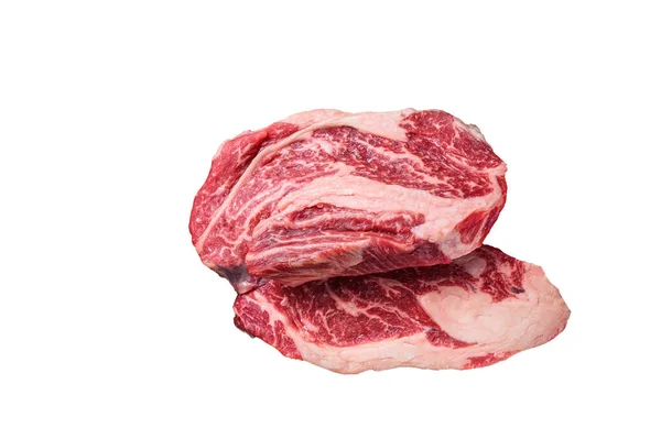 Raw Chuck Roll Filetes Carne Res Una Tabla Madera Con — Foto de Stock