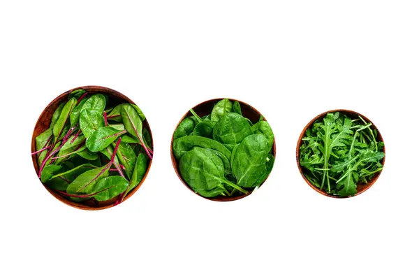 Αναμίξτε Φύλλα Σαλάτας Arugula Spinach Και Swiis Chard Ξύλινα Μπολ — Φωτογραφία Αρχείου