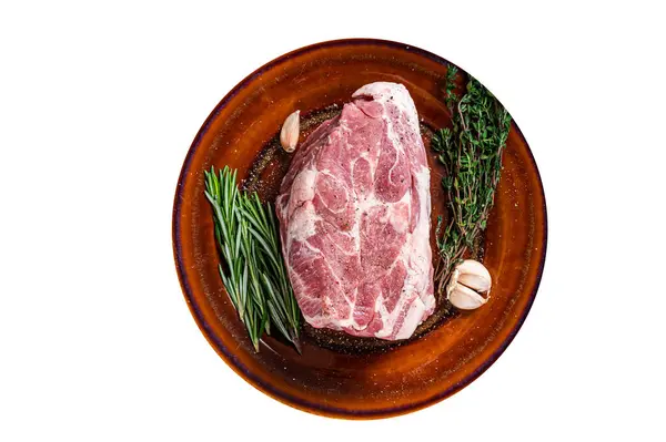 Fresh Raw Pork Neck Meat Steak Rustic Plate High Quality — Stock Photo, Image