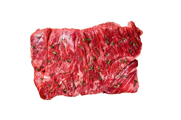 Roh Geschnittenes Rindfleisch Auf Einem Hölzernen Tablett Mit Kräutern Hohe — Stockfoto