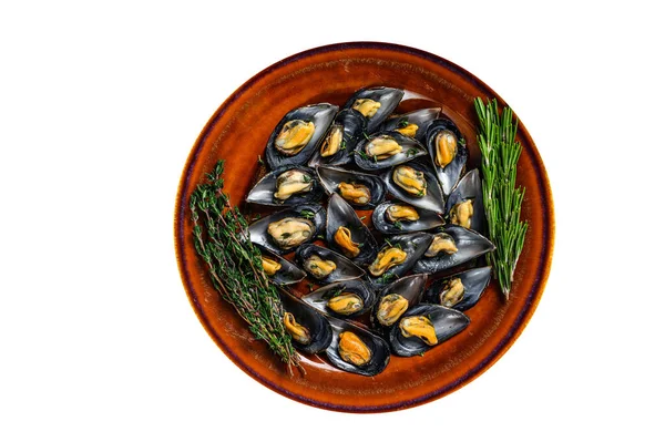 Seafood Mussels Wine Sauce Thyme Plate High Quality Isolate White — Stock Photo, Image