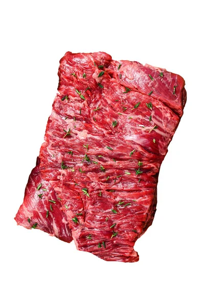 Carne Res Cruda Corte Redondo Una Bandeja Madera Con Hierbas —  Fotos de Stock