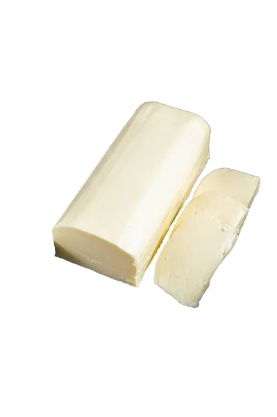 黄油人造奶油块在一个带有香草的木制盘子里 高质量的隔离 白色背景 — 图库照片