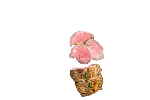 Carne Filetto Manzo Arrosto Tenderloin Una Tavola Legno Con Erbe — Foto Stock