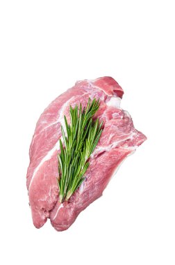 Mutfak arka planında baharat ve malzemelerle kesilmiş taze çiğ domuz eti. Yüksek kalite tecrit, beyaz arkaplan