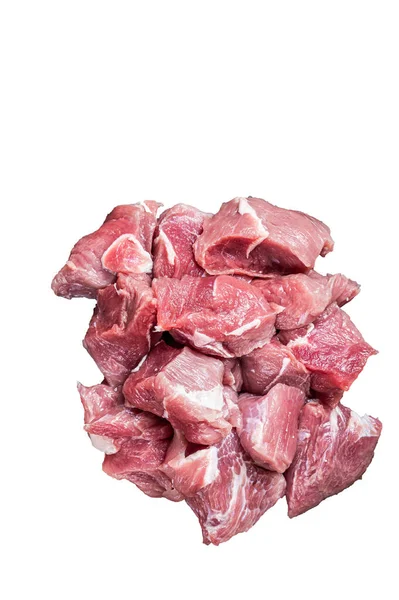 新鮮な生のディッシュポークキューブは 木製の肉屋のボード上のスパイスで肉を食べます 高品質のアイソレート ホワイトバック — ストック写真
