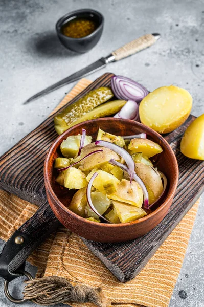 Cooking Traditional German Potato Salad Kartoffelsalat Gray Background Top View — Zdjęcie stockowe