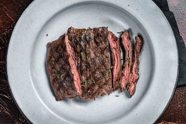 Homemade Cooked Skirt Steak Grill Dark Background Top View — Photo