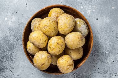 Canarian boiled potatoes papas arrugadas. Gray background. Top view.