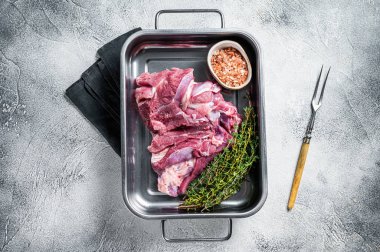 Ready for cooking raw Turkey thigh fillet meat. White background. Top view.