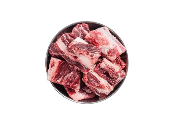 Fresh Raw Diced Beef Marbled Meat Steel Skillet Herbs Ready — Stock Photo, Image