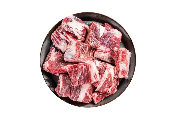Raw Diced Beef Lamb Marbled Meat Kitchen Steel Tray Isolated — Stock Photo, Image