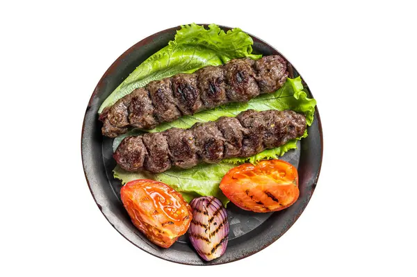 Adana lemb meat kebab on a plate Isolated on white background