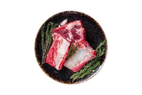 Uncooked Raw Veal Short Ribs Rustic Plate Rosemary Isolated White — Stock Photo, Image