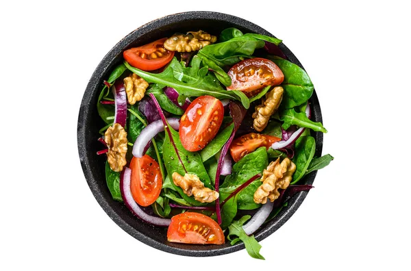 Healthy bistro green salad with mix leaves mangold, swiss chard, spinach, arugula and nuts in a pan. Isolated on white background