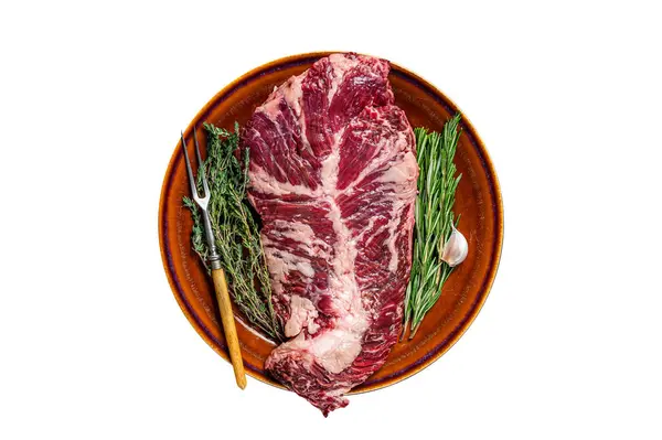 Raw Hanging Tender Ongle Beef Meat Steak Rustic Plate Herbs — Stock Photo, Image