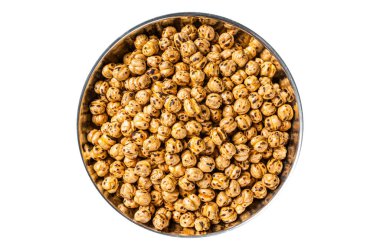 Kızarmış nohut, kızartılmış baharatlı nohut ya da Hint chana 'sı ya da tavada chole. İzole edilmiş, beyaz arka plan. Üst görünüm