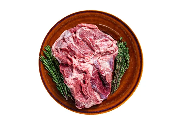 Raw Boneless Lamb Leg Meat Rustic Plate Thyme Isolated White — Stock Photo, Image